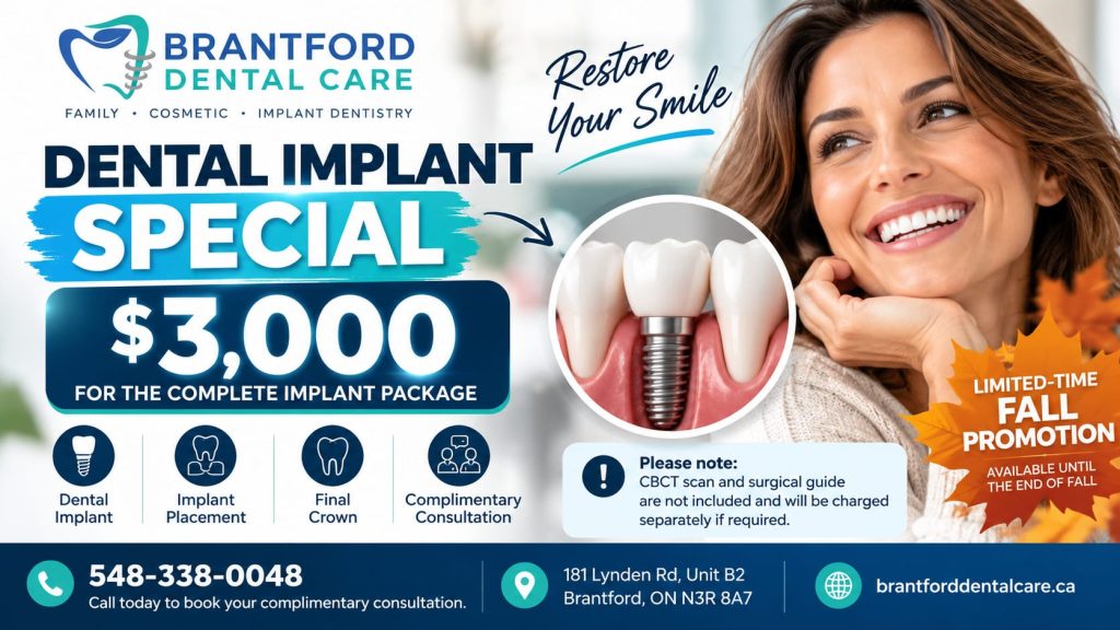 Brantford Dental Care Dental Implant Special - $3,000 complete implant package, limited-time fall promotion